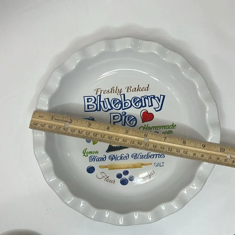 Blueberry Pie Plate 9 3/4 Inch Round Fluted Rim White Blue Homemade Sugar Flour